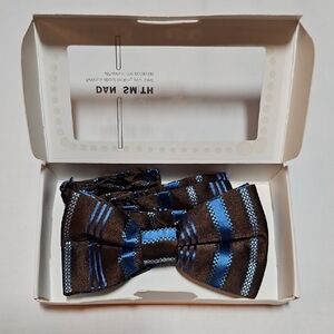 NEW Dan Smith Bow Tie in Gift Box Blue Brown Stripes Microfiber Handmade